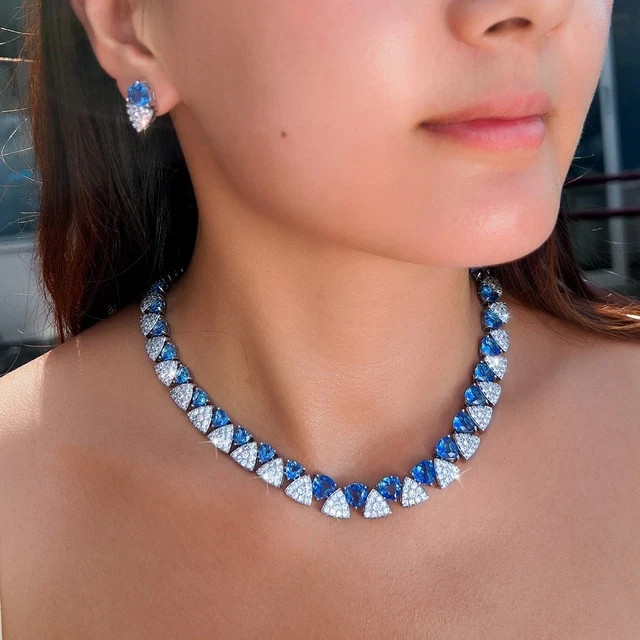 27 Ctw Trillion Lab-Created Sapphire Only Necklace 14K White Gold Plated Silver