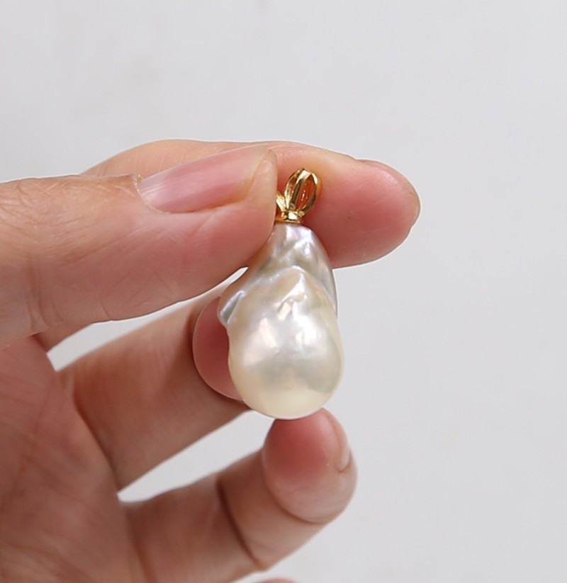 Huge 14x22mm White Nucleated Flameball Baroque Pearl Pendant 18″+Box Chian
