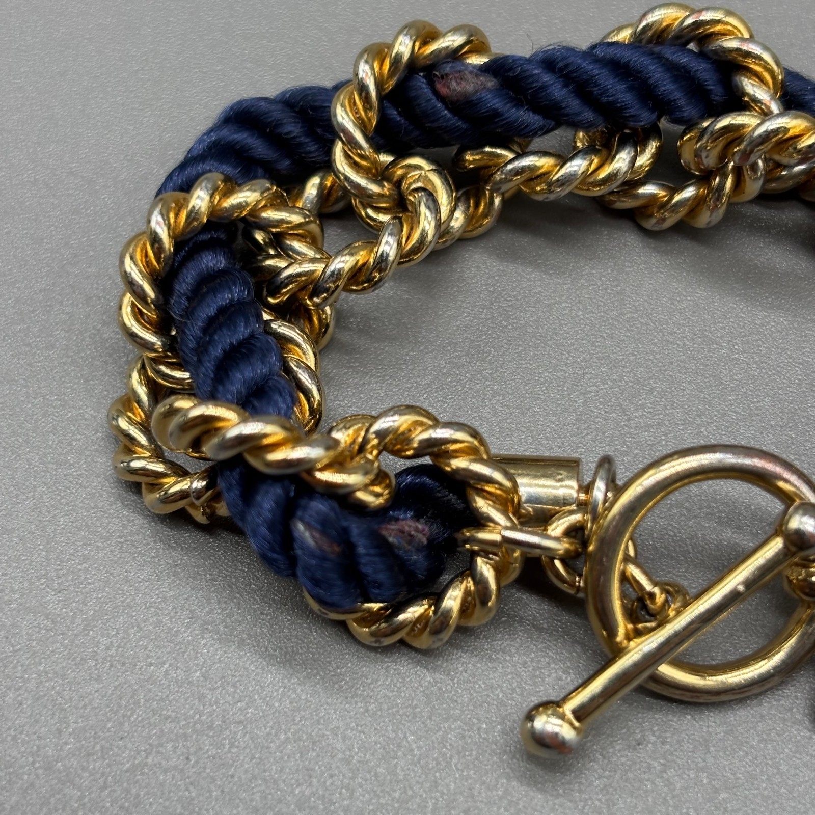 Ann Taylor Chain Link Twist Cord Bracelet Gold Tone Navy Blue Nautical Charm
