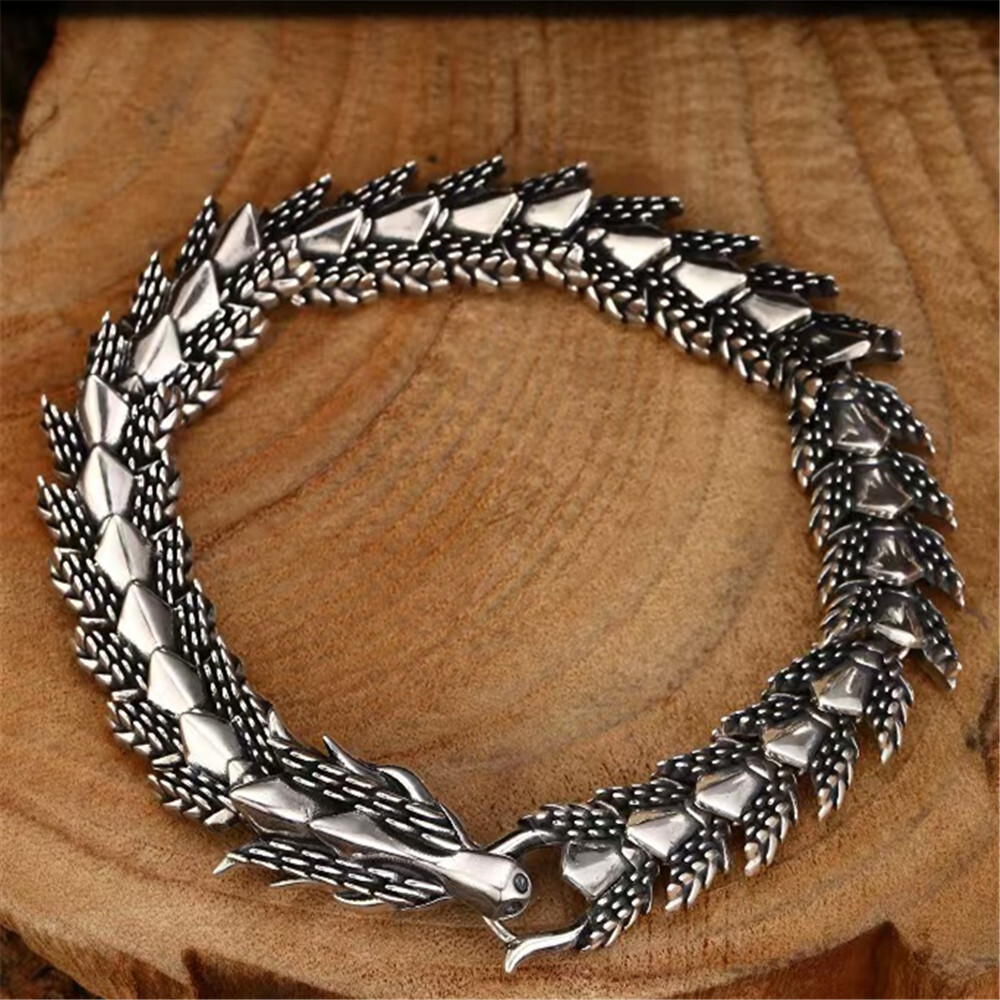 Pure S925 Sterling Silver Chain 12mm Dragonscale Bone Link Bracelet 7.1-8.3inch