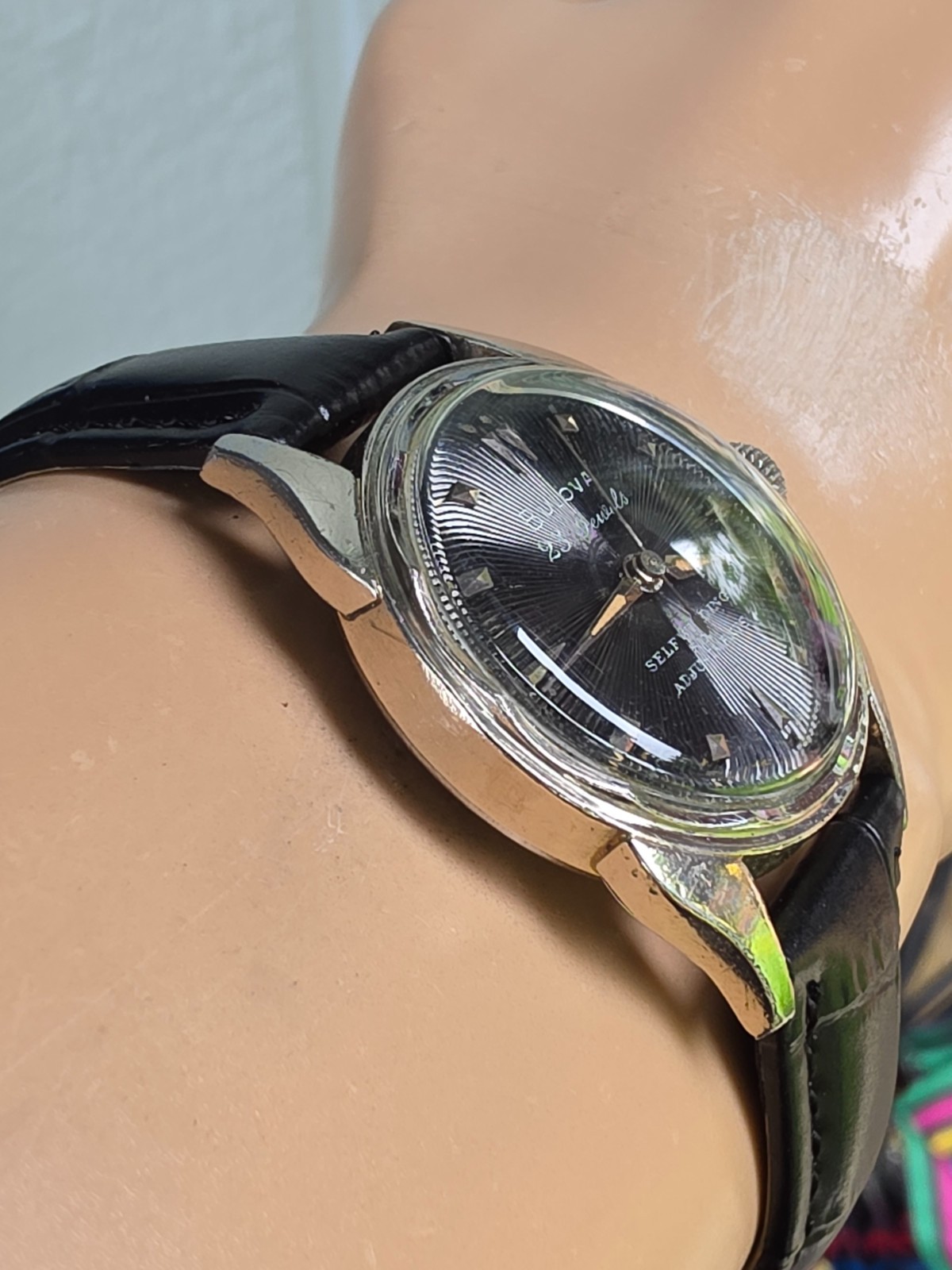 Vintage Bulova 23 “A” Men’s automatic watch 10K RGP Black Sunburst dial 1955
