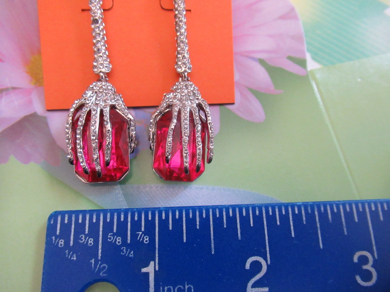 Betsey Johnson Rich Witch Hanging Skeleton Hands Crystals Pink Gem Drop Earrings