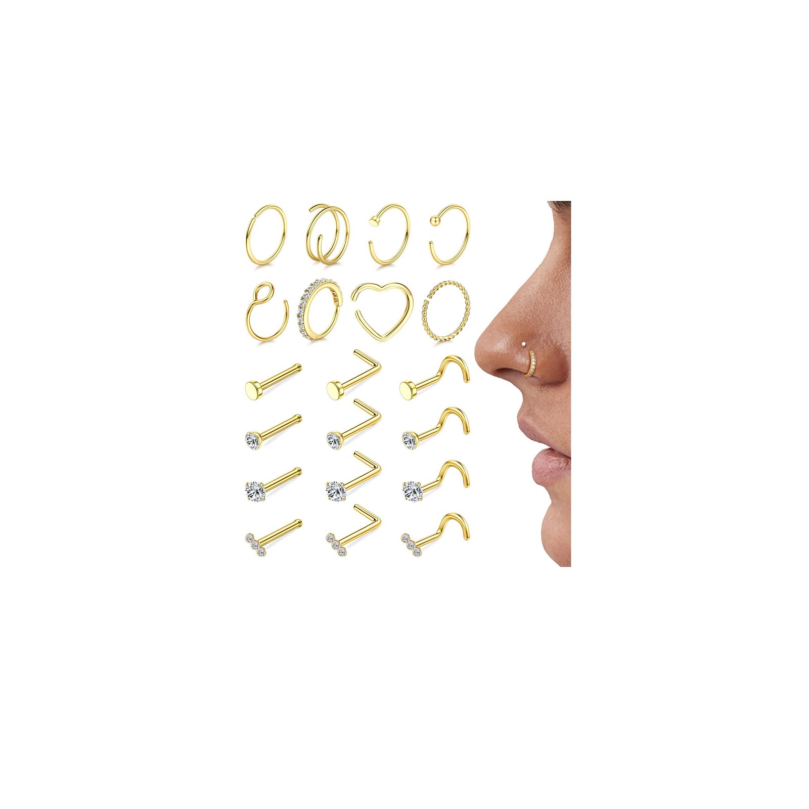 FIBO STEEL 18g Nose Rings Hoops Studs – 18G(1mm), 14K Gold Plated