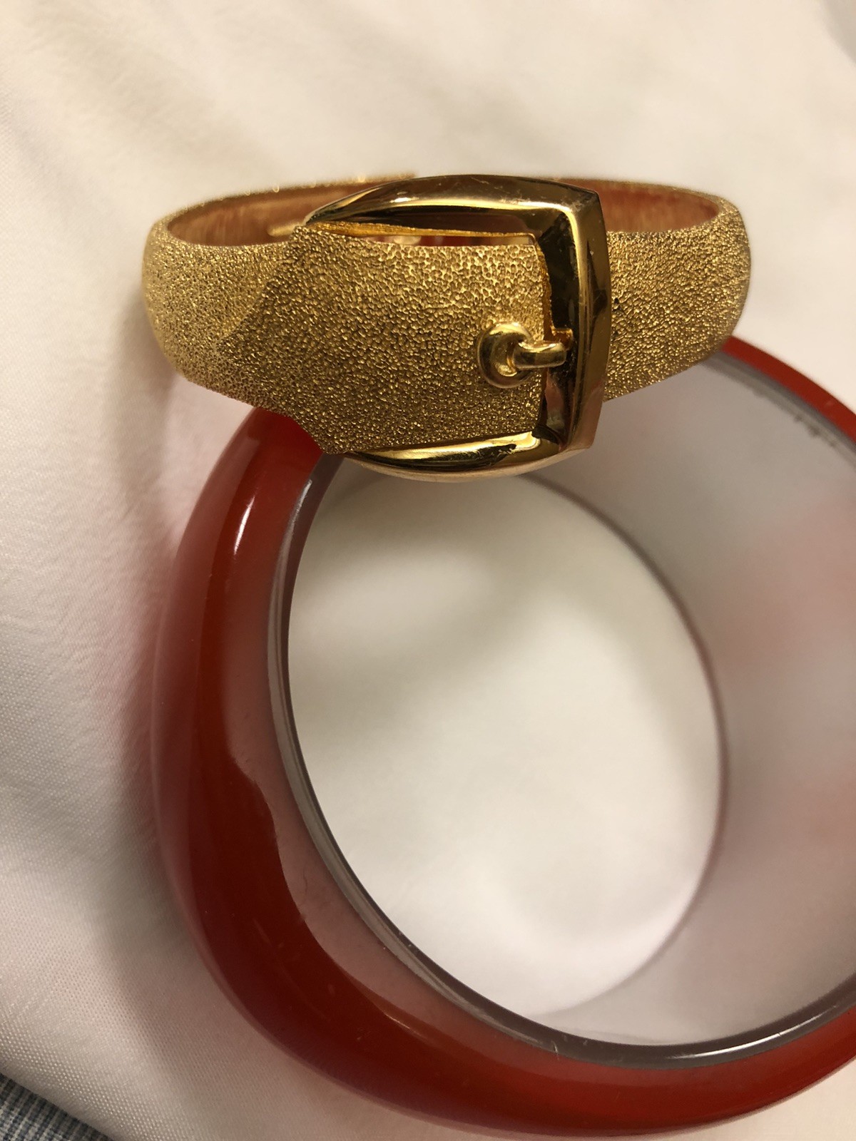 Signed Trifari Belt Clamper Bracelet Vintage Jewelry Lame’ Luminous Gold Color