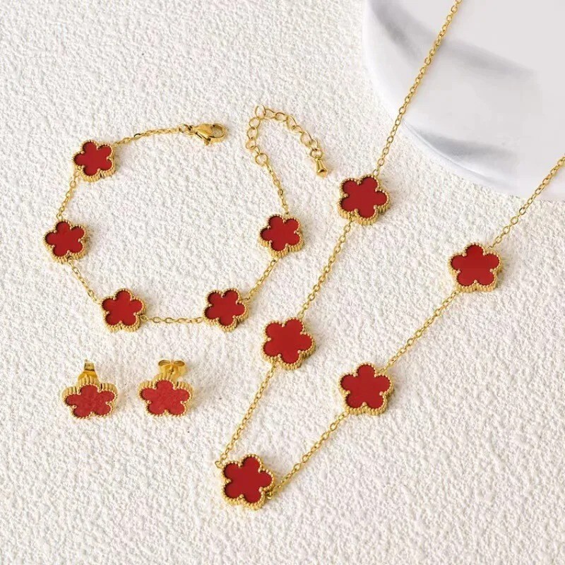 4PC Clover Necklace, Bracelet, Earring set white leaf Plant Five Leaf Flower Set