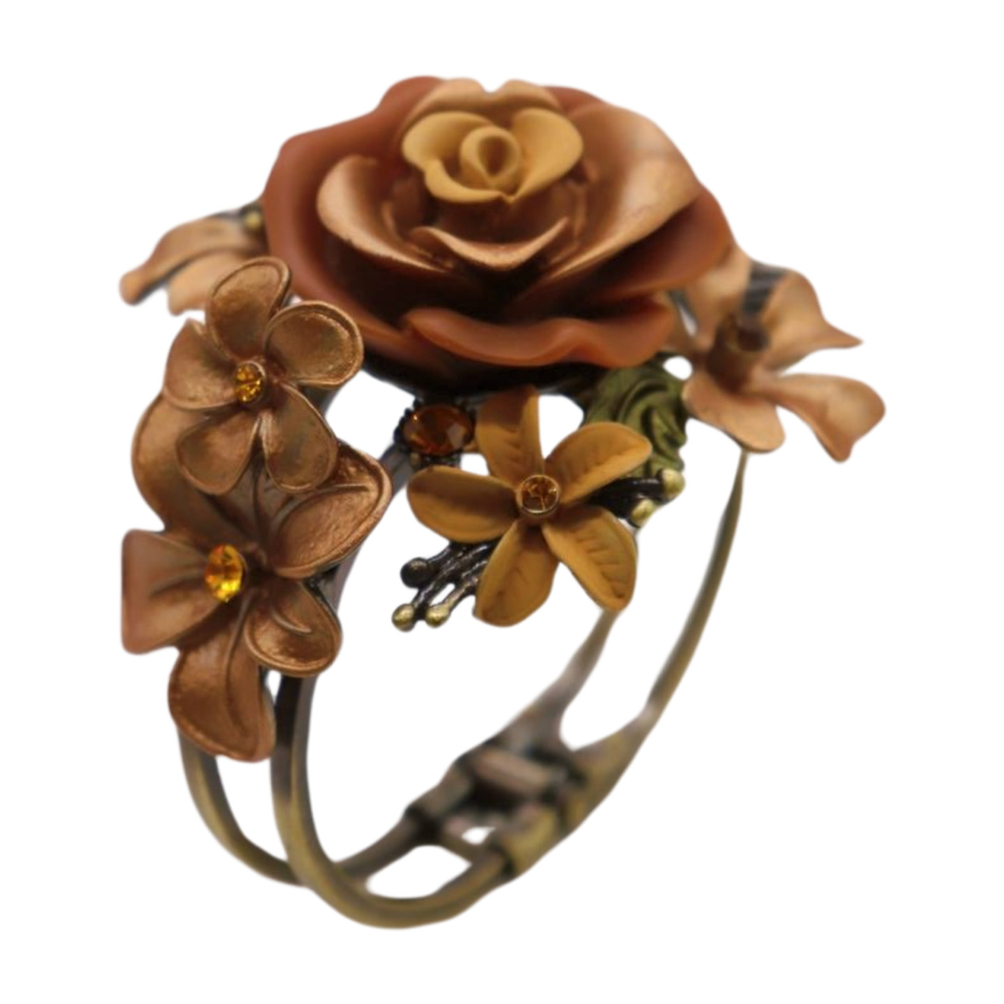 Women Antique Gold Metal Beige Brown Rose Flowers Cuff Bracelet Fashion Jewelry