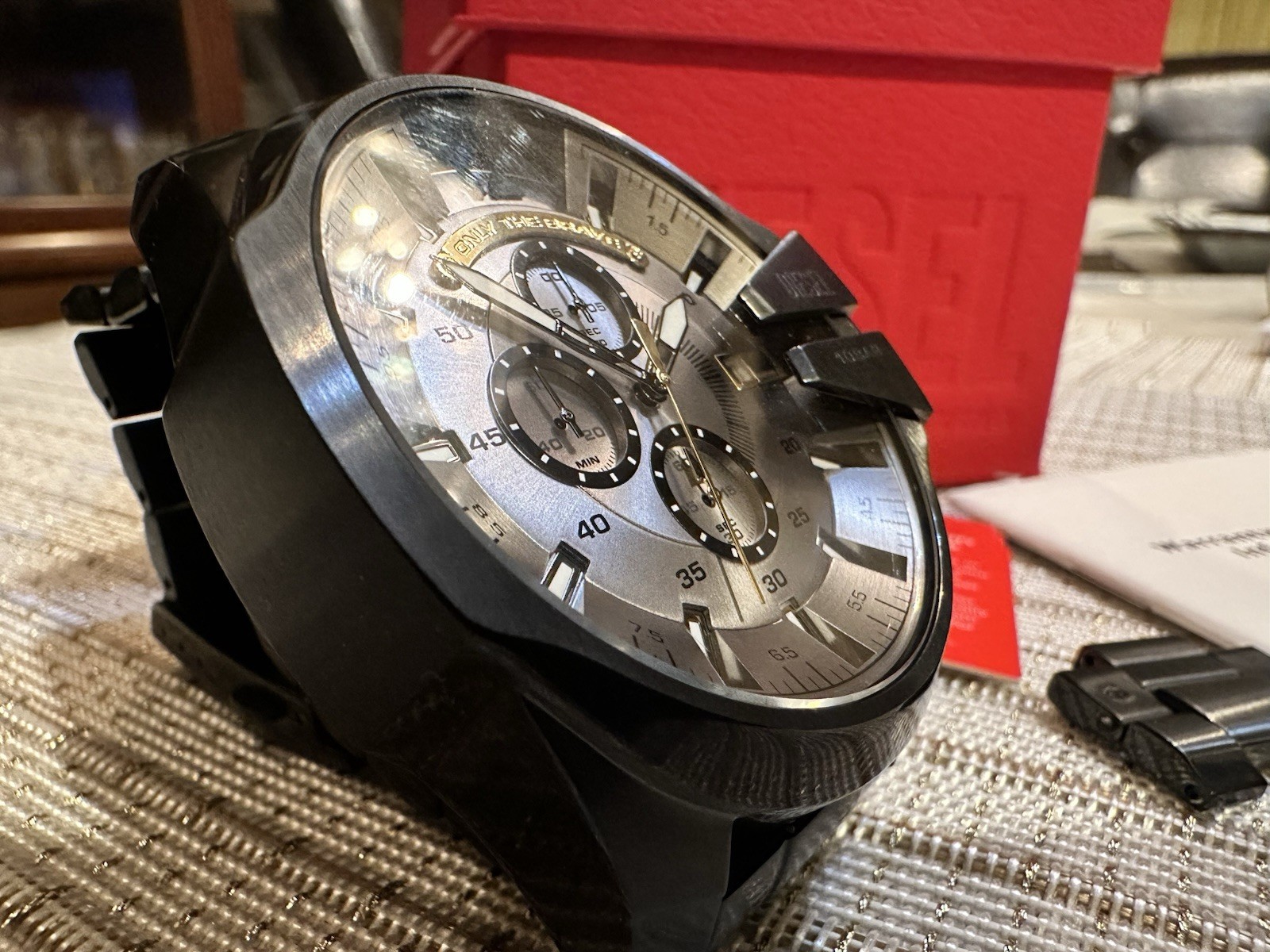 DIESEL DZ4479 MEGA CHIEF BLACK STAINLESS STEEL CHRONOGRAPH WATCH.