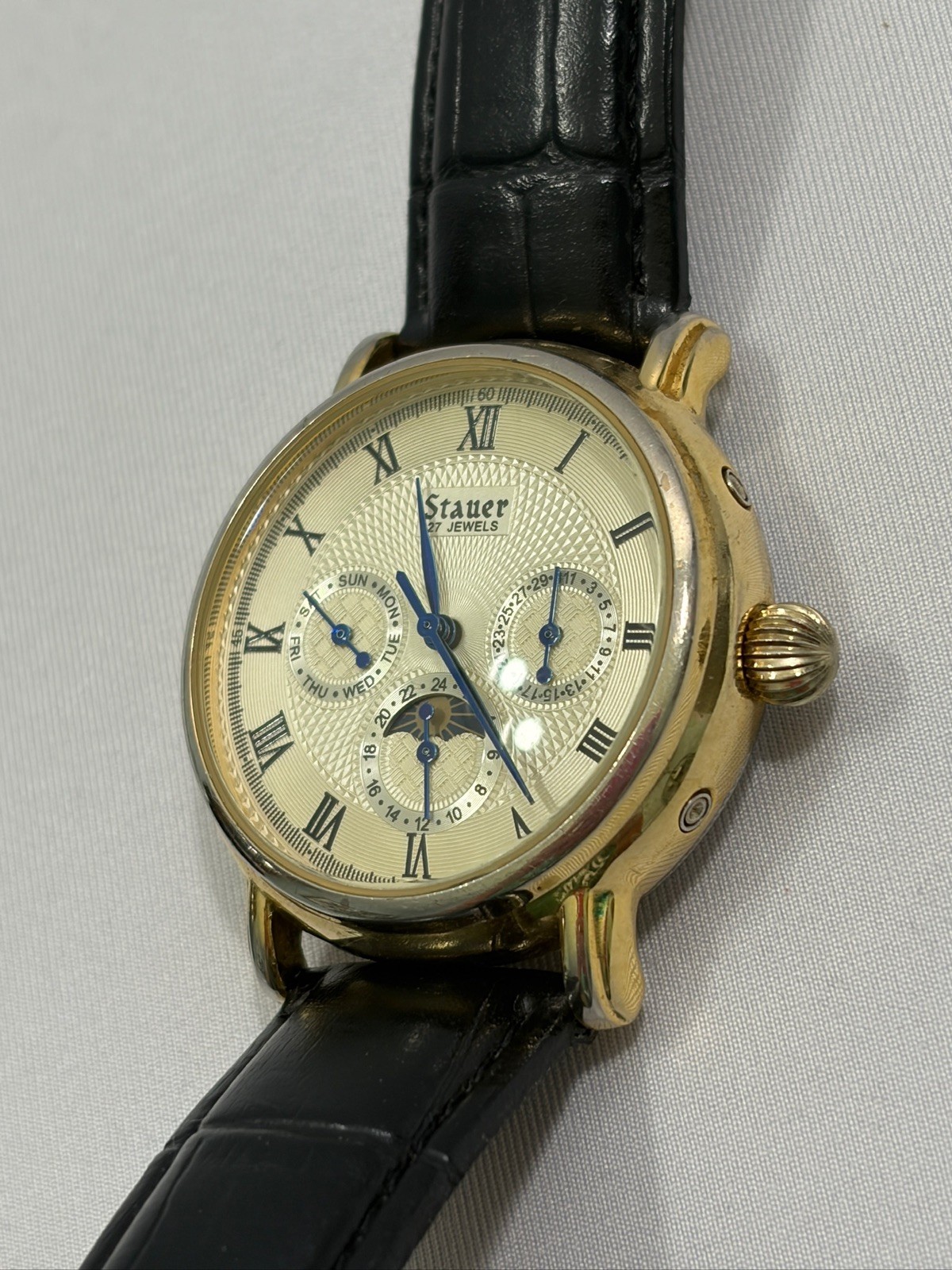Men’s Stauer Moon Phase Automatic Chronograph Texture Dial Stainless 38mm Watch
