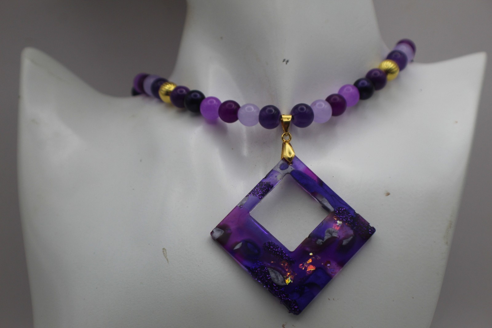 50 Shades Of Purple Resin Pendant On A Matching Beaded Chain