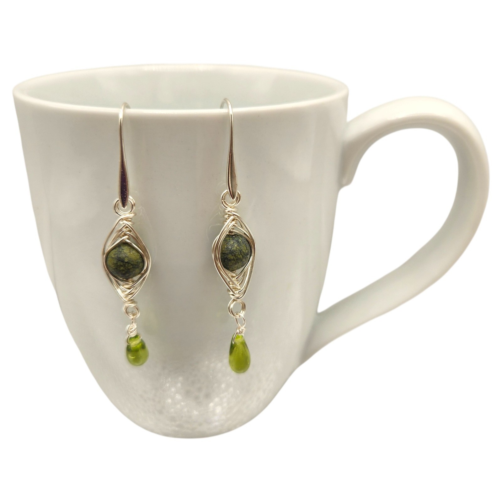 Handmade Stone Herringbone Wire Wrapped Dangle Earrings Gold Silver Bronze