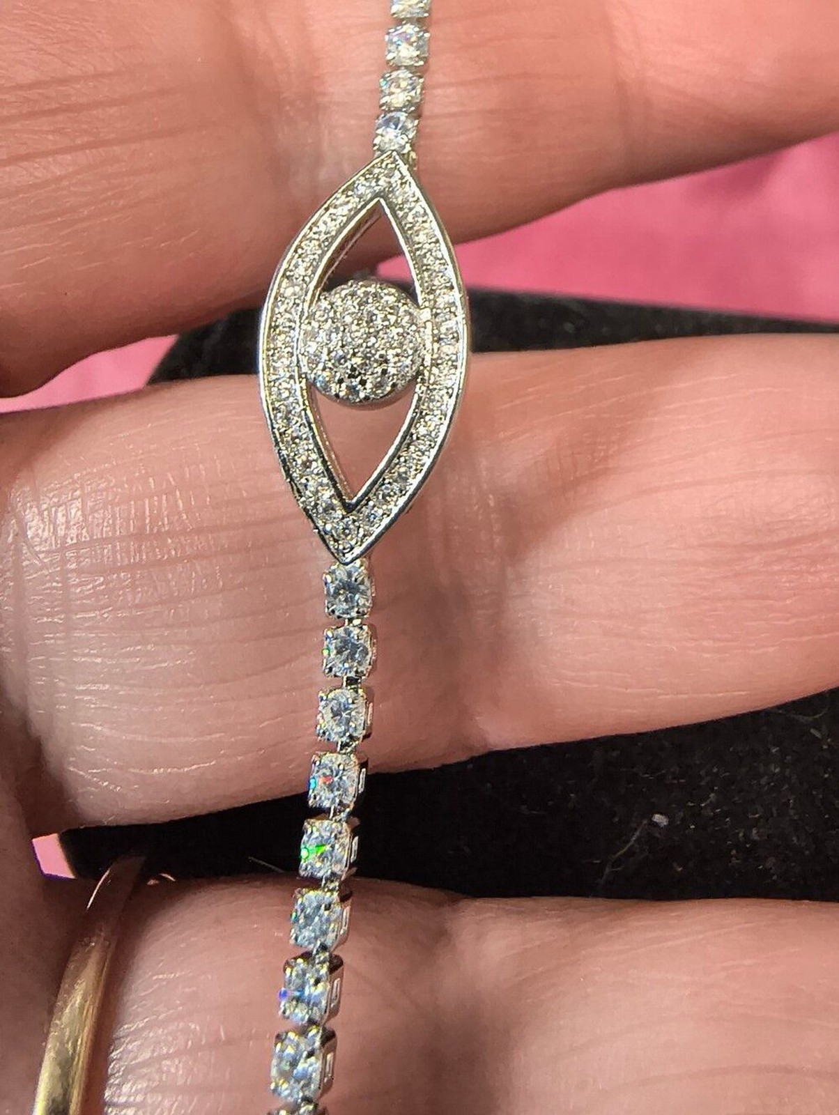Evil Eye CZ Tennis Bracelet Rhodium Plated Stainless Steel Bolo Slider New