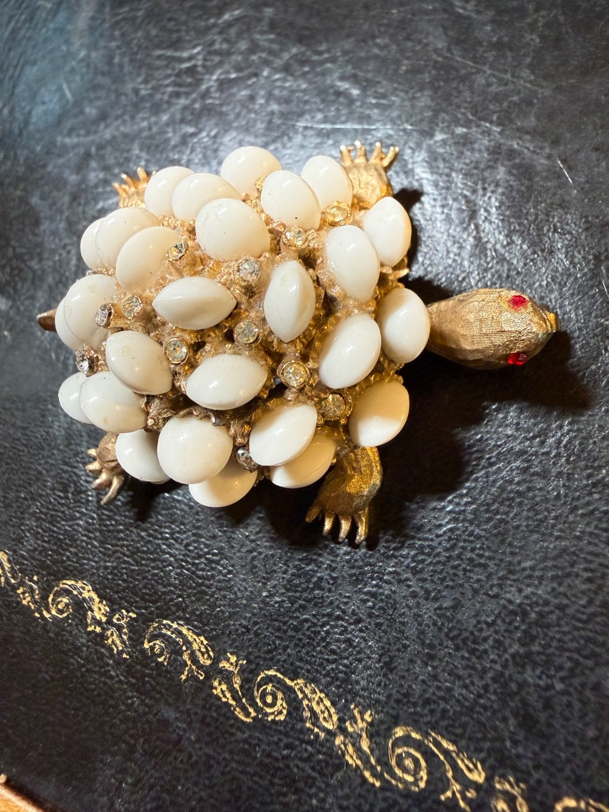Vintage HAR Turtle brooch Gold Tone White Figural Animal Pin Signed Excellent