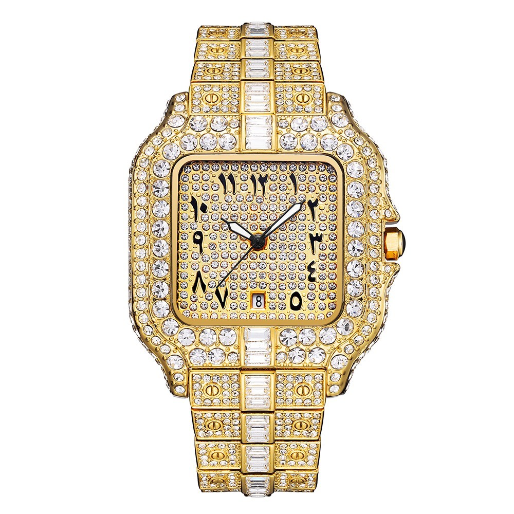 Arabic Hip Hop Ice out Luxury Men Watch Iced King Bling Gold Baguette Cz Diamond