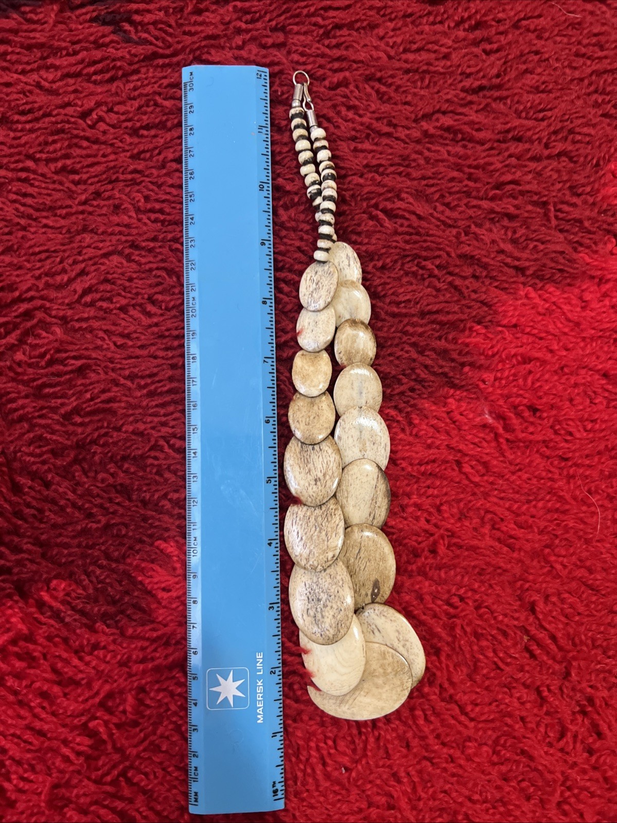 Vintage Hand Carved Cream Beige Stone Disk Beads Beaded Necklace
