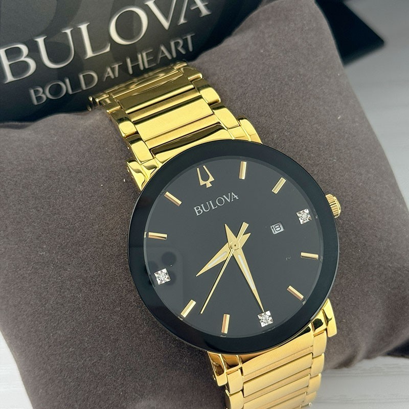Bulova Modern 97D116 Black Diamond Dial Gold Bracelet Men’s Quartz Watch 42mm