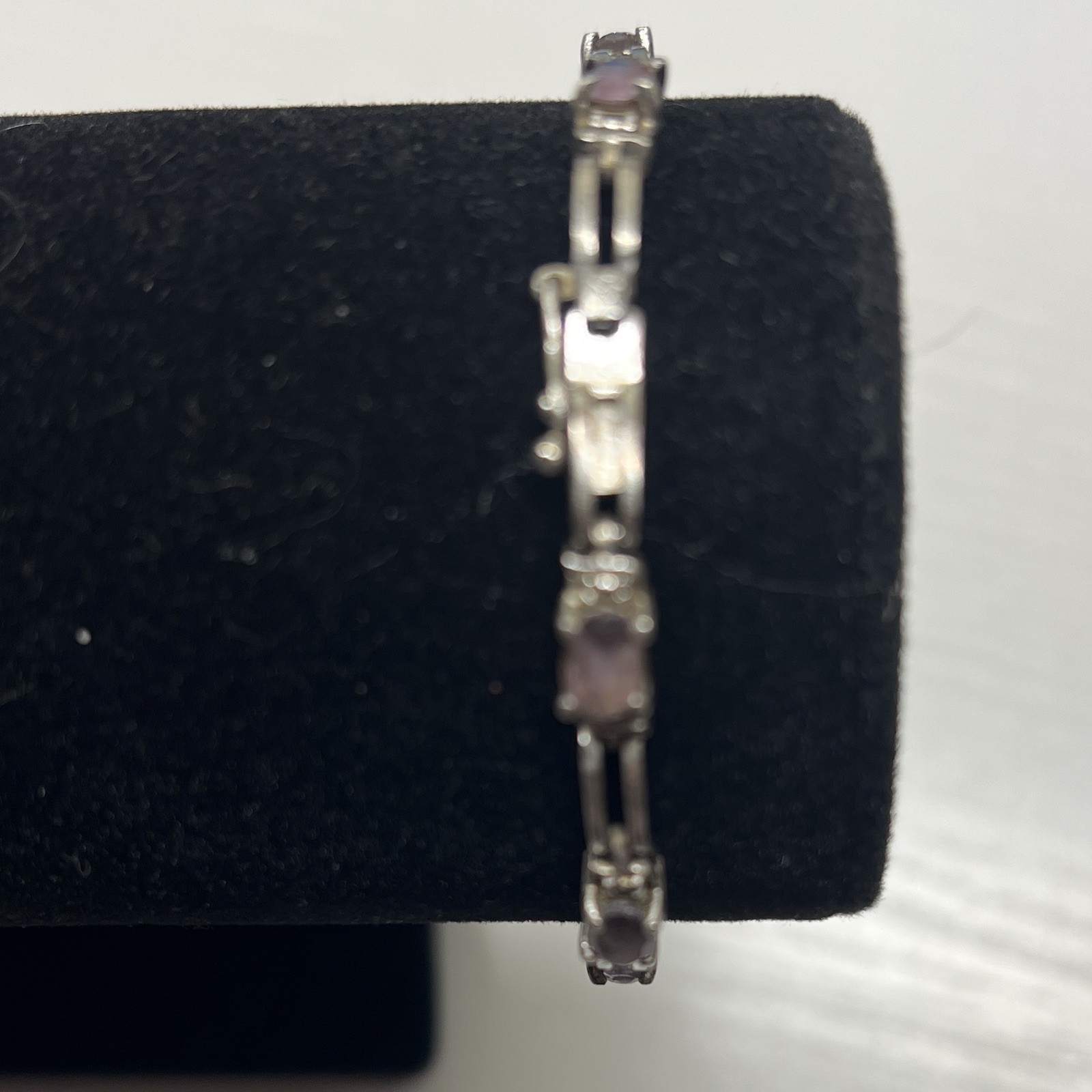 Silver-Tone Bar Link Bracelet 10 Oval Pink Stones Prong Set Lobster 7.1-7.5″