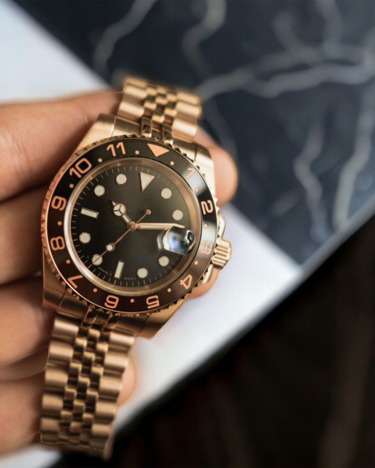 PrimeCrown Rose Gold GMT Automatic | Black/Brown Bezel | NH34