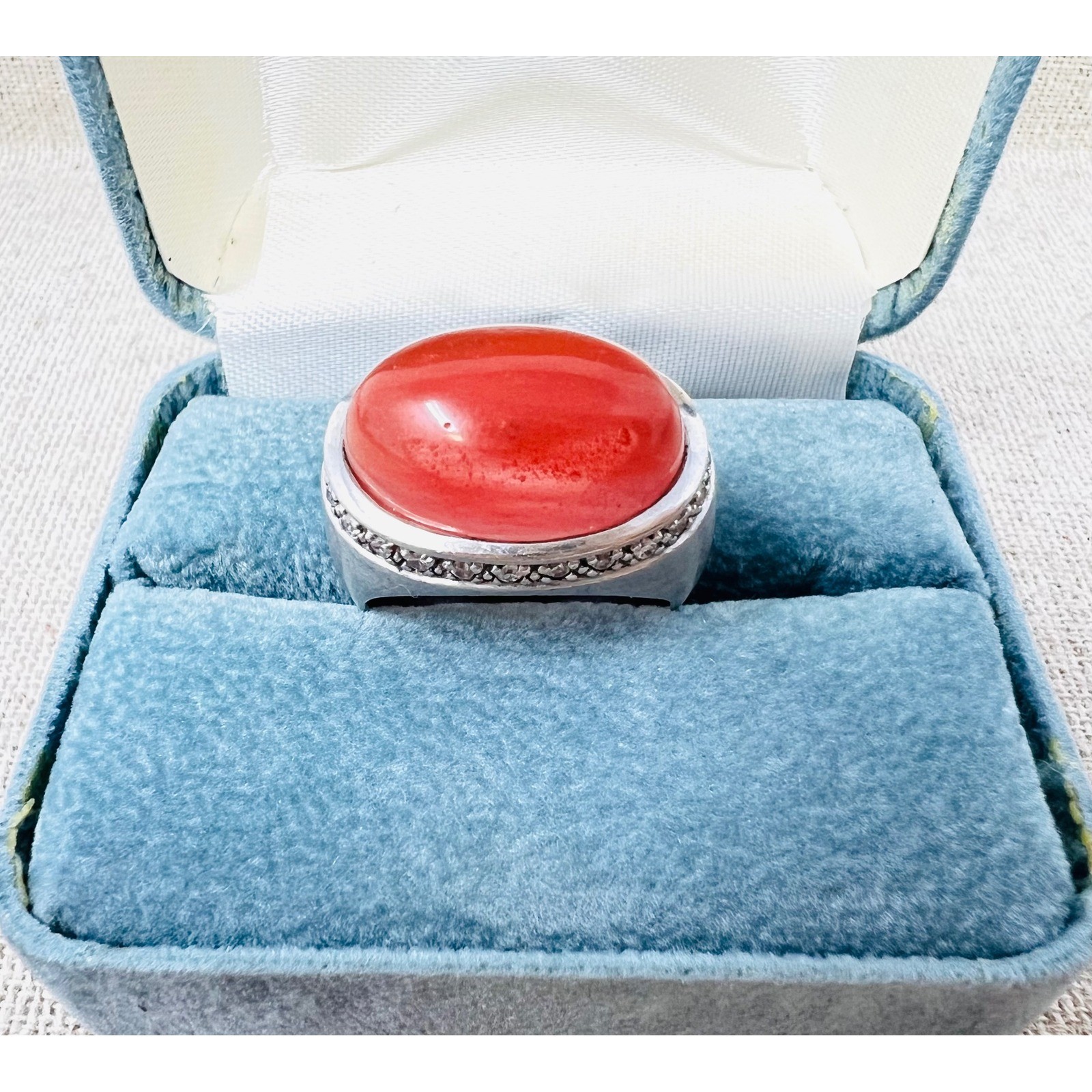 Sterling Silver Coral Colored Cabochon Crystal Halo Statement Ring Size 8