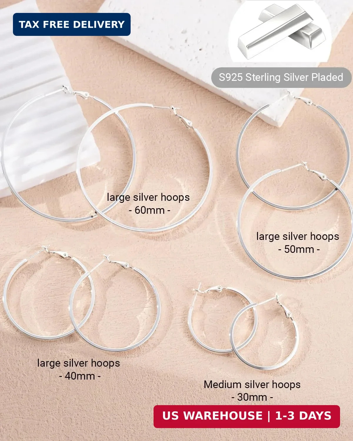 S925 Sterling Silver Post Hoop Earrings for Women Large Lightweight Silver Hoop