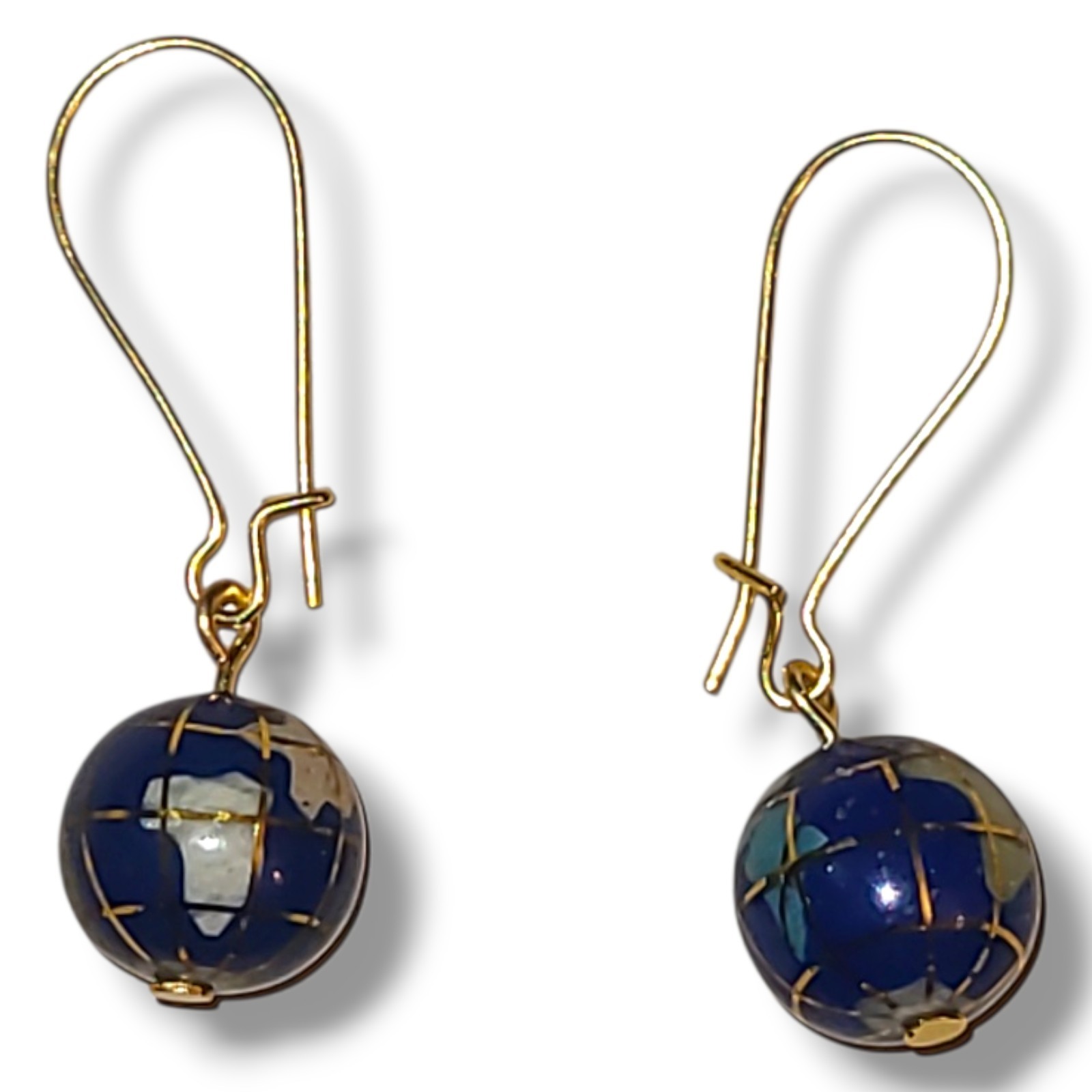 Vintage Blue Globe Dangle Earrings Gold Tone Earth World Map Bead Boho