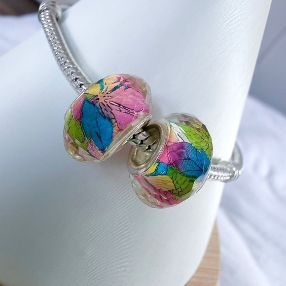 Rainbow Leaf Silver Bead Charm Fits Snake Chain Bracelet