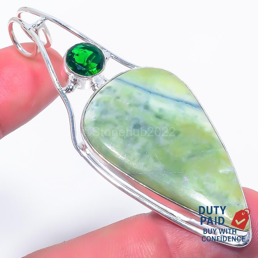 Natural GREEN OPAL Chrome Diopside Channel Set Mother Pendant Sterling Silver