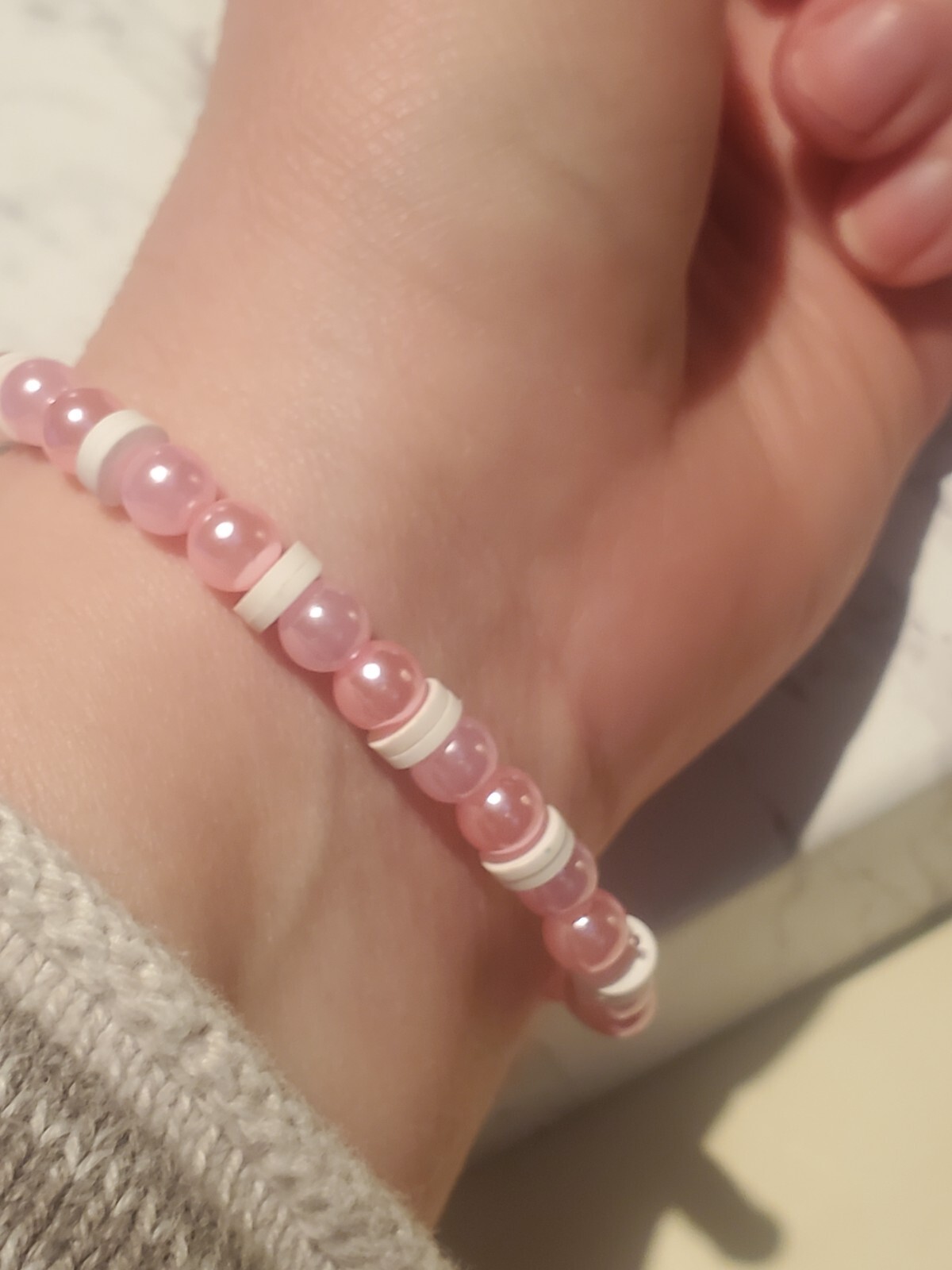 Handmade “She Her” Pink & White Beaded Bracelet