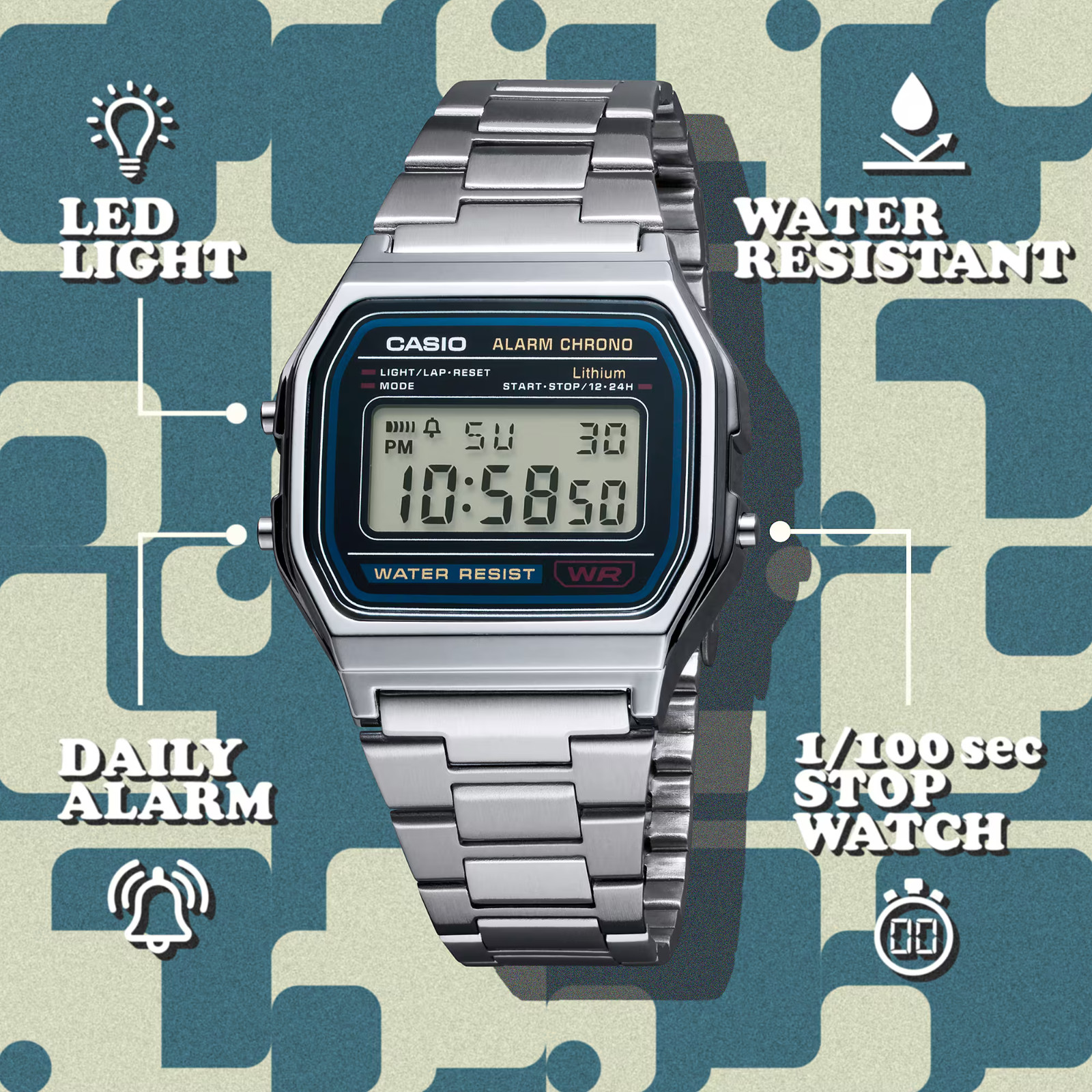 Casio Vintage Men’s Digital Classic Stainless Steel Watch Boxed A158WA-1DF