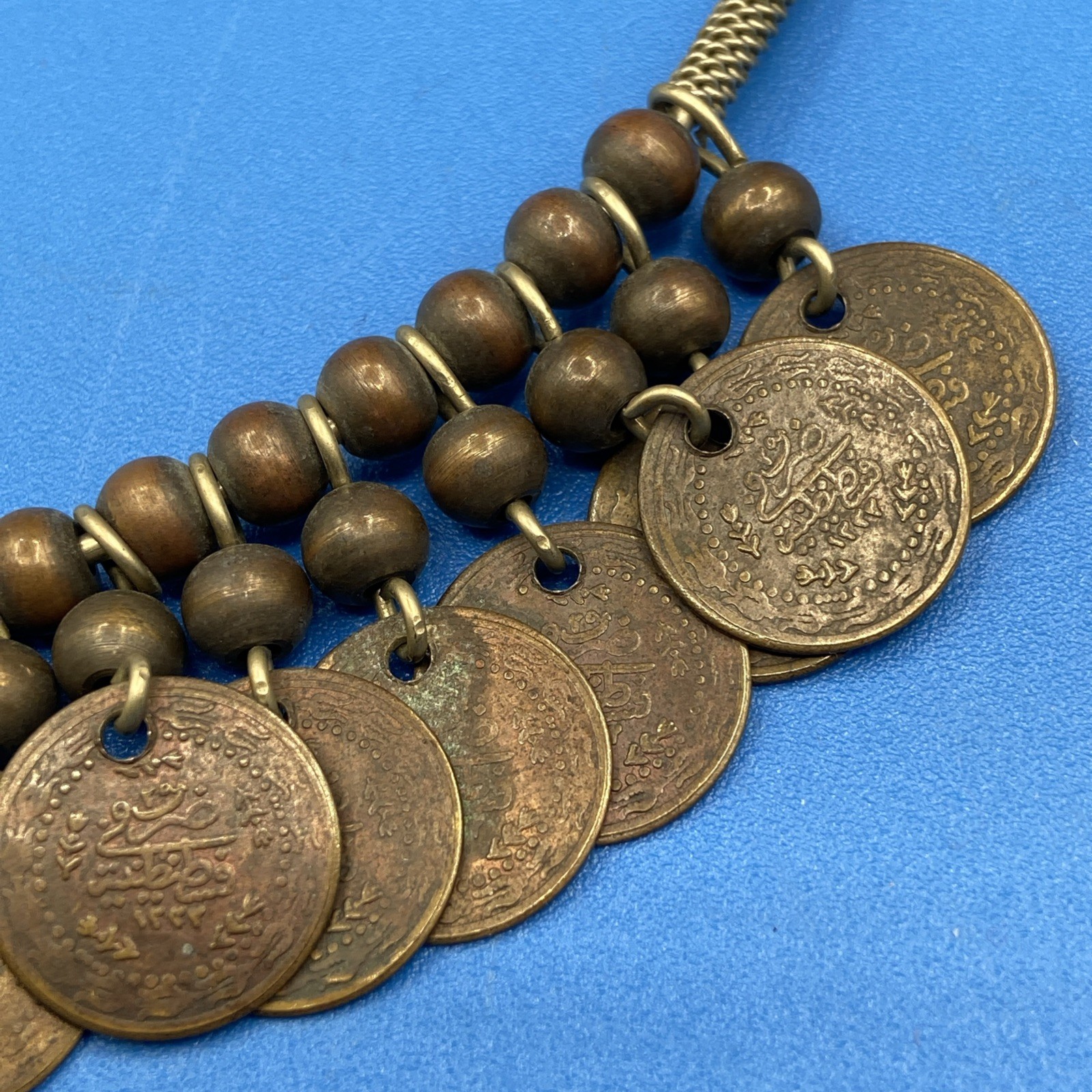 NECKLACE vintage 1960s 1970s old Coins tribal hoop metal wire ring Etruscan 16″