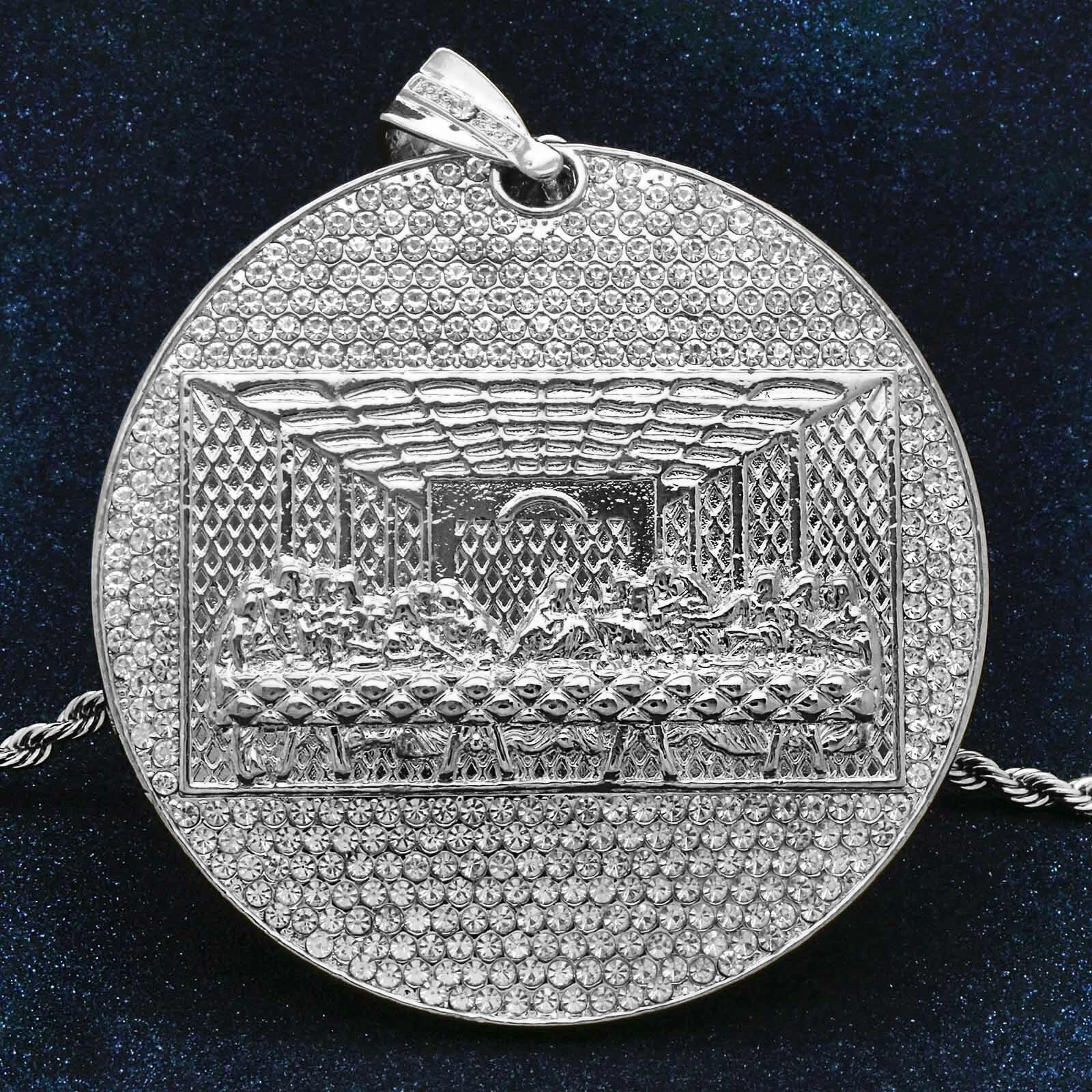 925 Silver Plated ” Huge LAST SUPPER” Pendant Cubic Zirconia 30″ Rope Chain