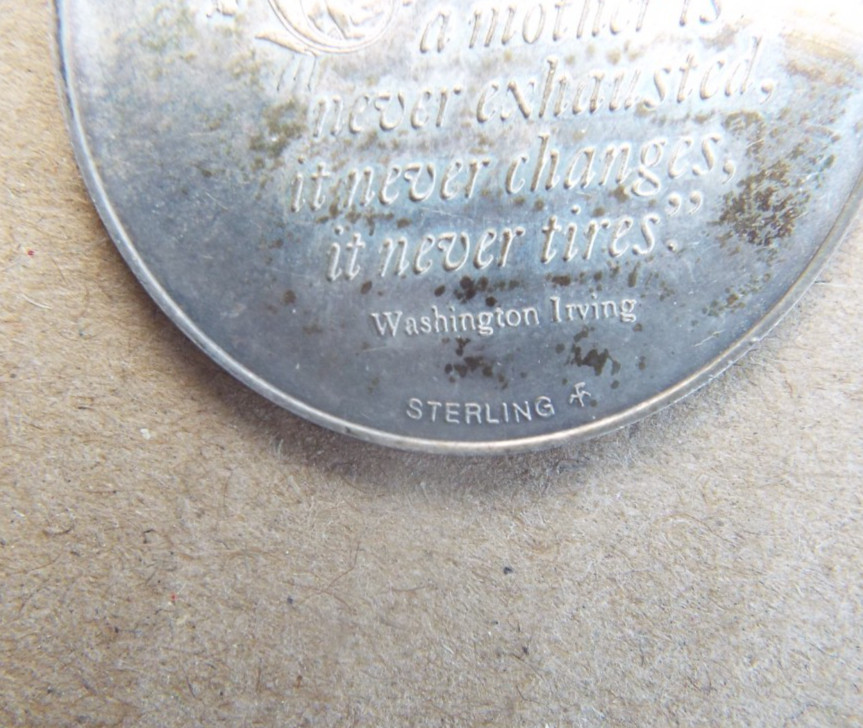 Mother’s Day 1972 Sterling Silver Medallion Beautiful Quote by Washington Irving