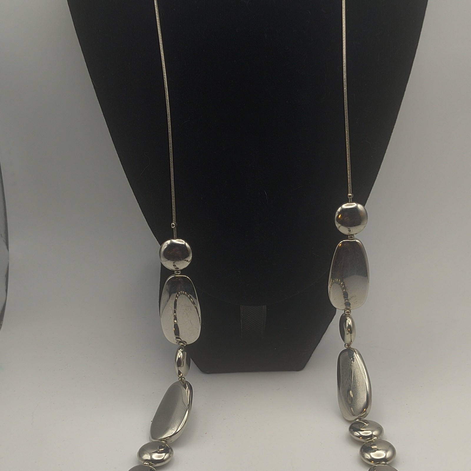 Silver Tone Beaded Station Snake Chain Necklace Adjustable Bolo Slider Heavy