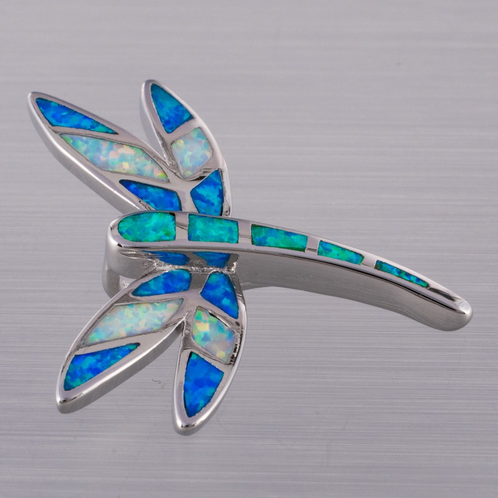 Dragonfly Green Blue White Fire Opal Mixed Silver Jewelry Necklace Pendant