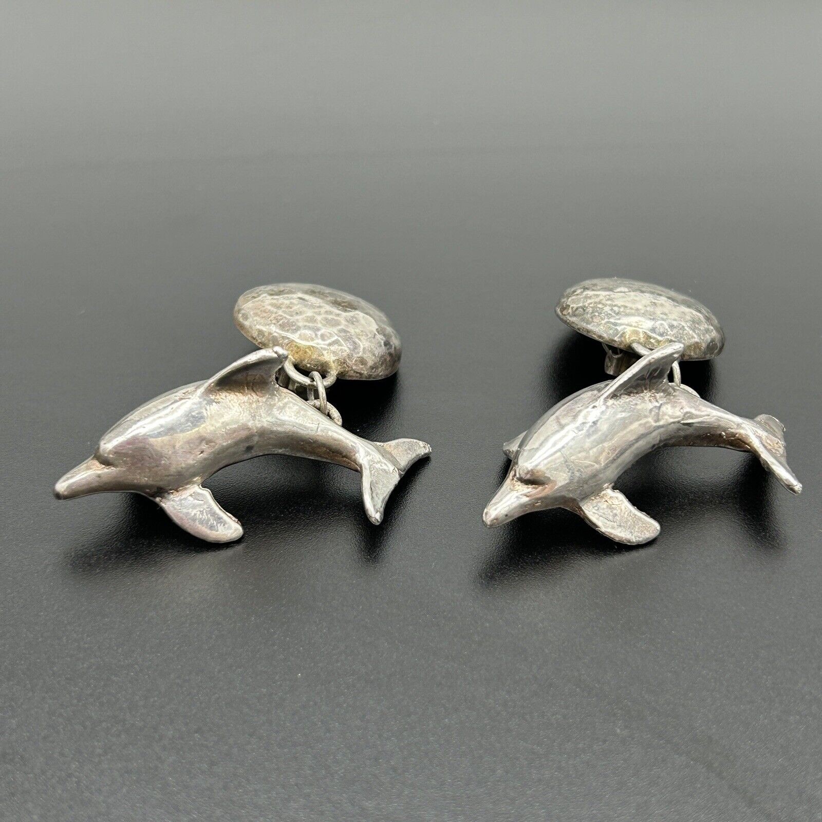 Vintage Signed Susan Cummings Sterling Silver Dolphin Dangle Clip On Earrings