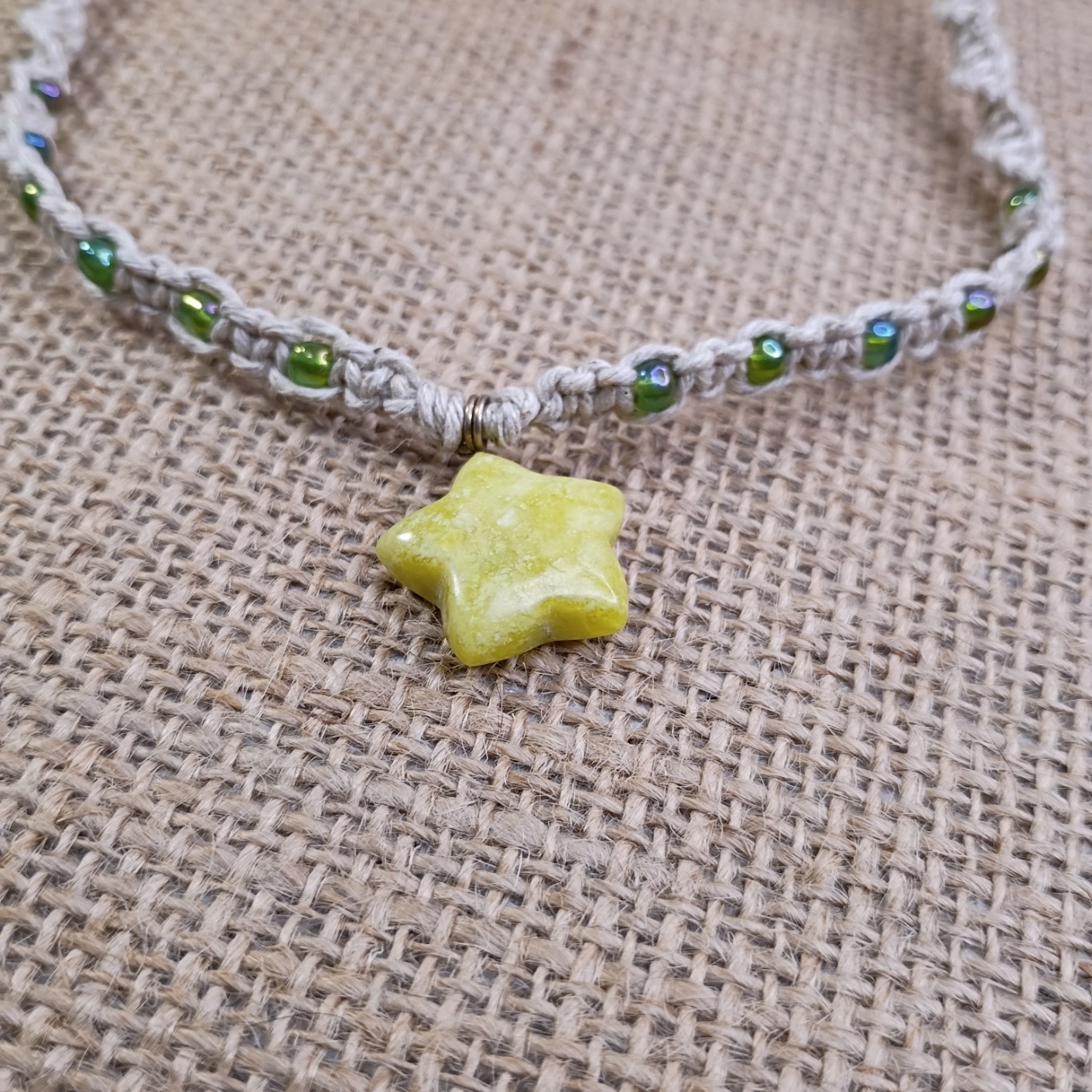 Natural Hemp Necklace w/ Jasper Star Charm & AB Beads, 16 -21 inch Ready to Ship