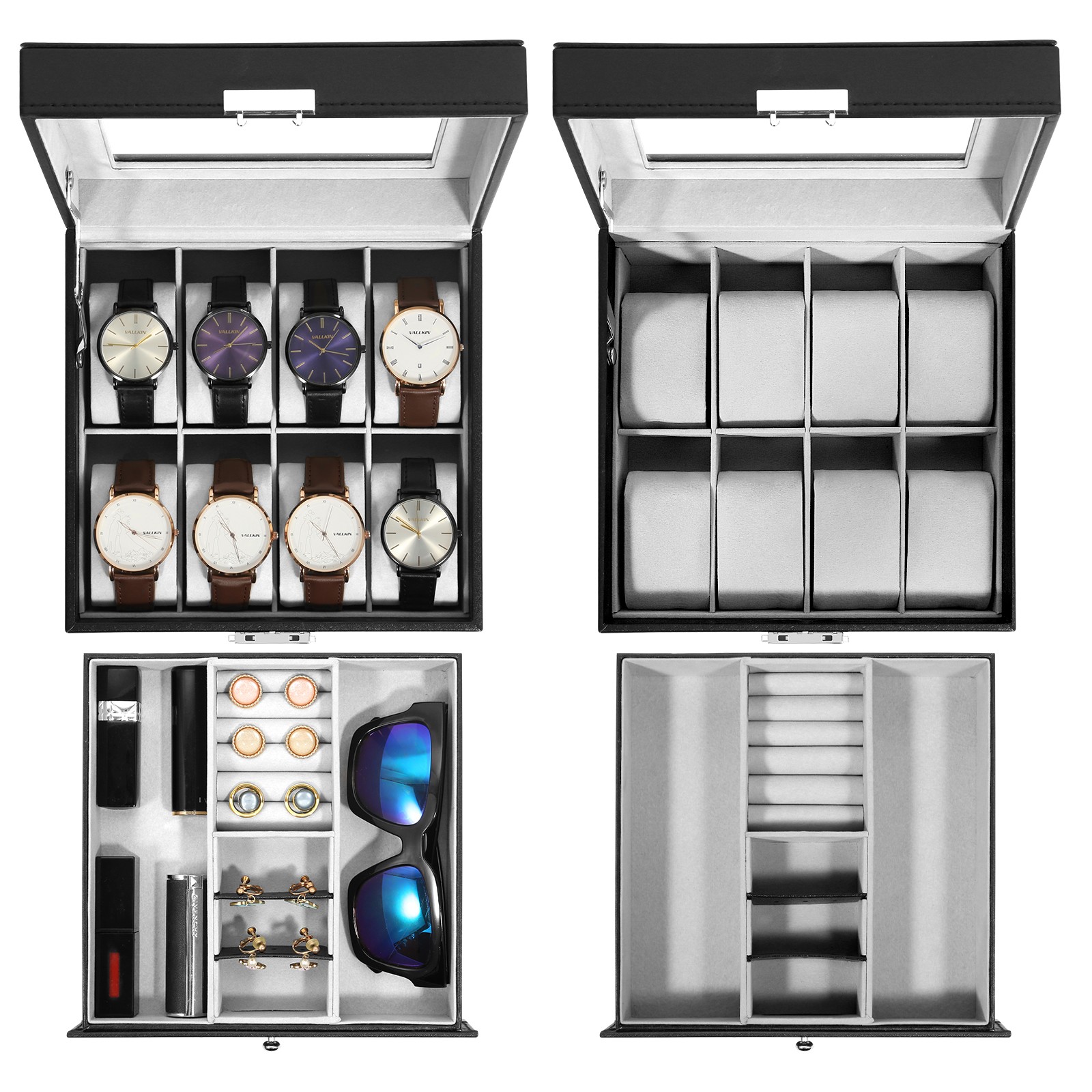 8 Slot PU Leather Watch Box Glass Top Organizer Jewelry Display Case New