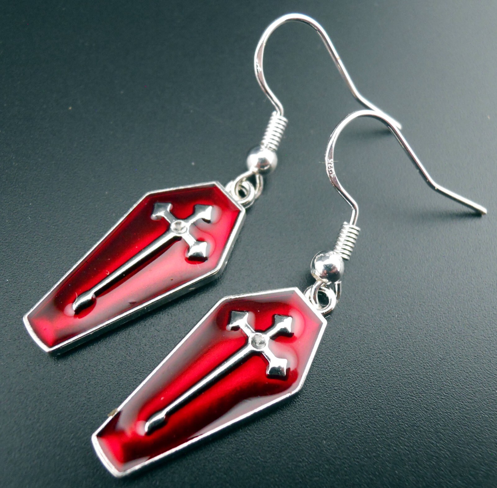Coffin Earrings Sterling Silver Ear Wires Red Enamel Cross Casket Earrings New!