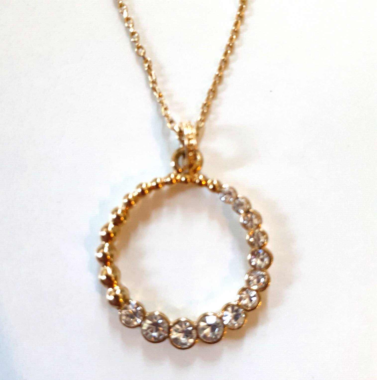 Crystal Hoop Pendant Circle Necklace Gold Tone Rhinestone 19″ Including Extender