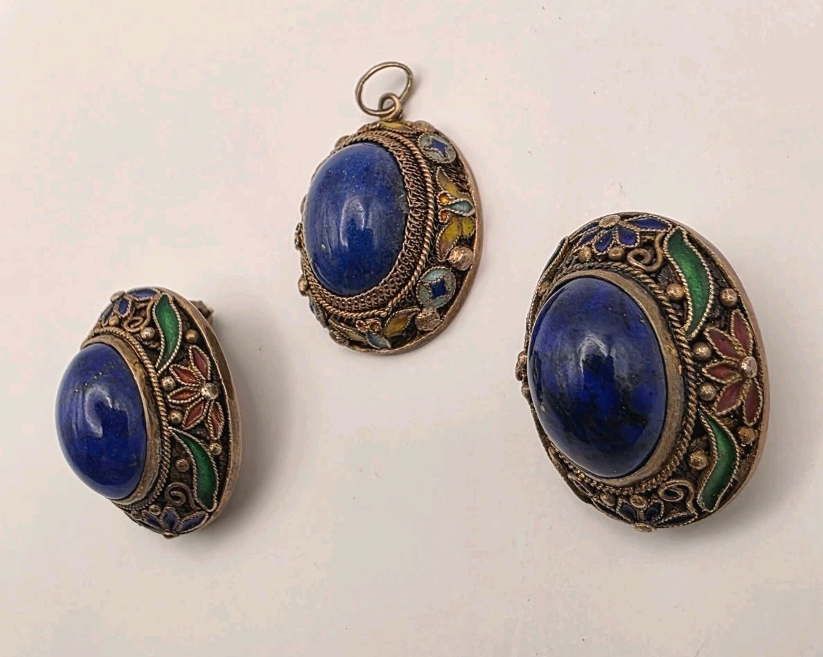 Vintage Chinese Export Married Lapis W/Multicolor Floral Enamel Set – READ