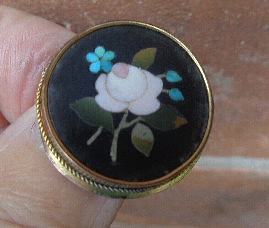 Pietra Dura Gold Brooch Victorian 9ct Antique gold Mosaic Floral c1880s
