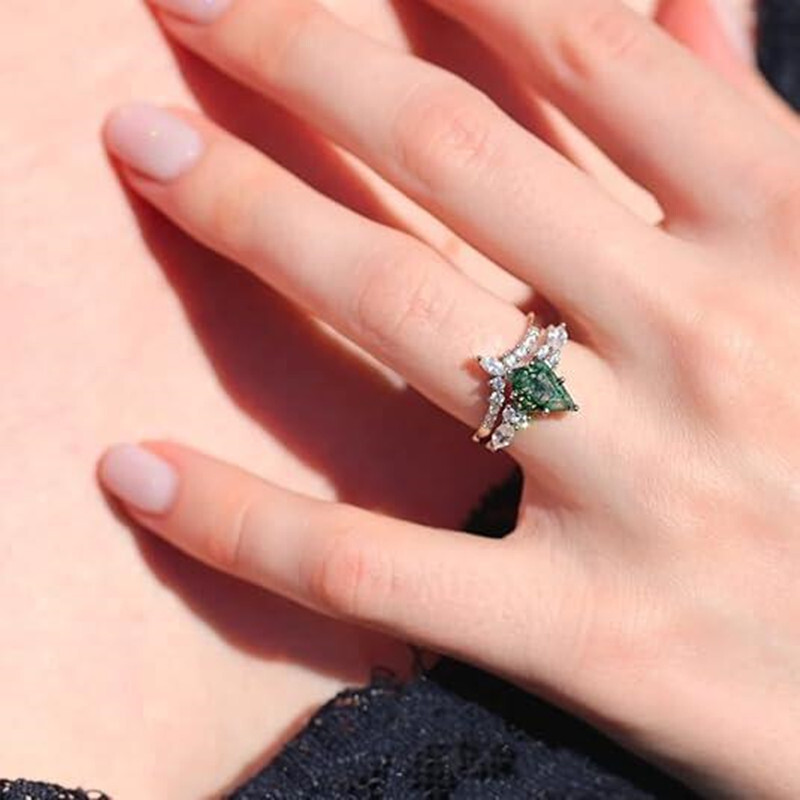 Natural Green Moss Stone Agate Fashion Rings 2pcs Set