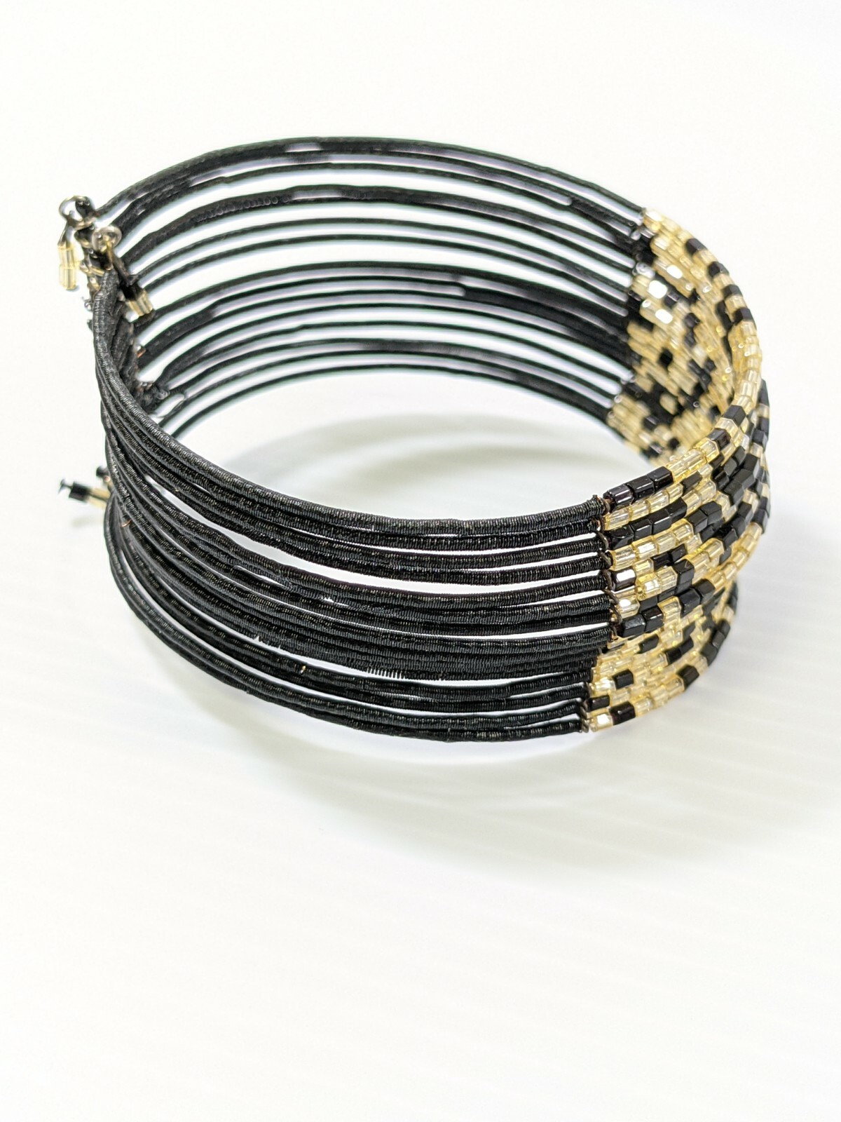 Artisan Black Beige Glass Bead Multi Strand Memory Wire Cuff Bracelet