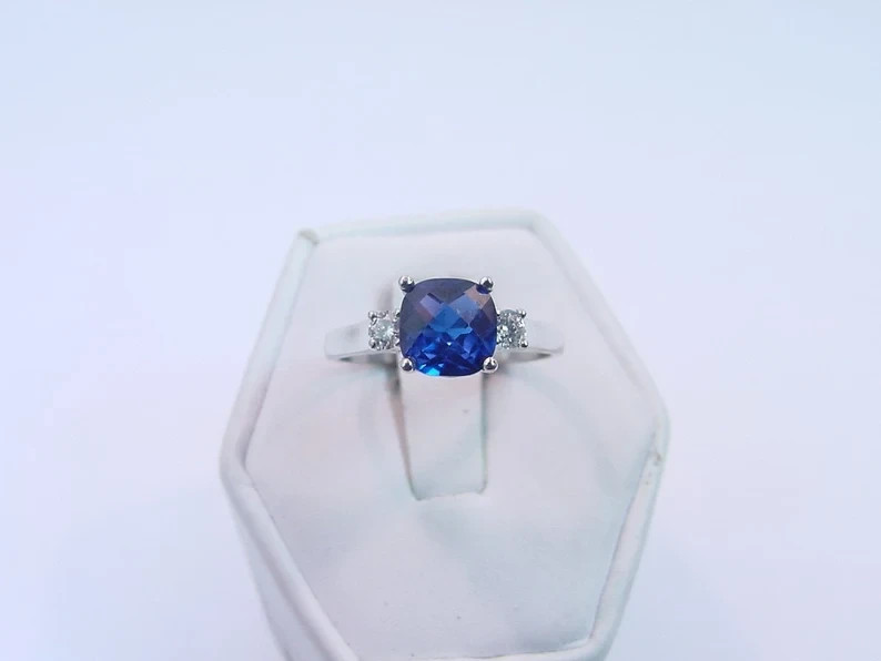 3.00 Ct Cushion Natural Sapphire & Diamond Wedding Ring 14K White Gold Size 5