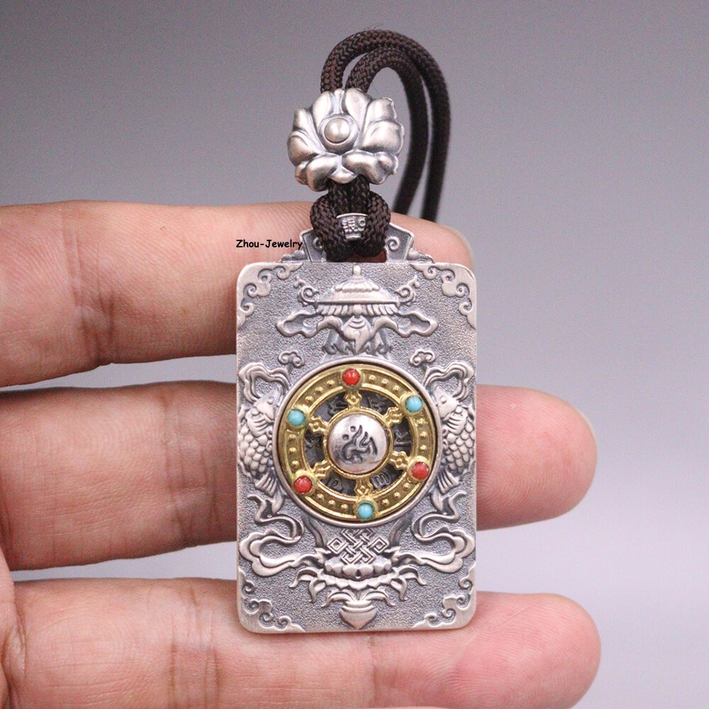 Pure S999 Fine Silver 999 Men Women Lucky Dragon Qilin Oblong Pendant 47*28mm