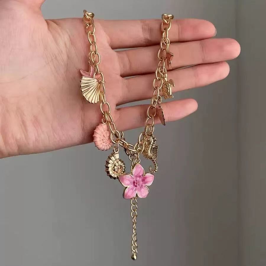 Vintage Seashell Marine Pendant Chain Necklace (Flower, Starfish, and Seashell N