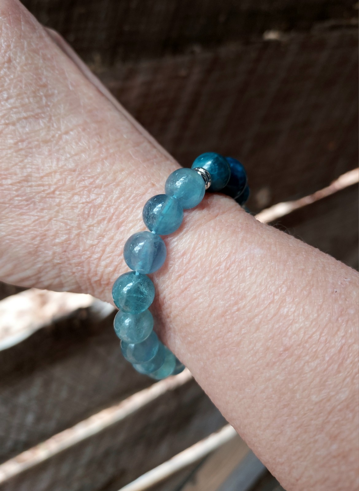 Blue Fluorite Bracelet With Blue Apatite, One Of A Kind Crystal Healing, 6.50″