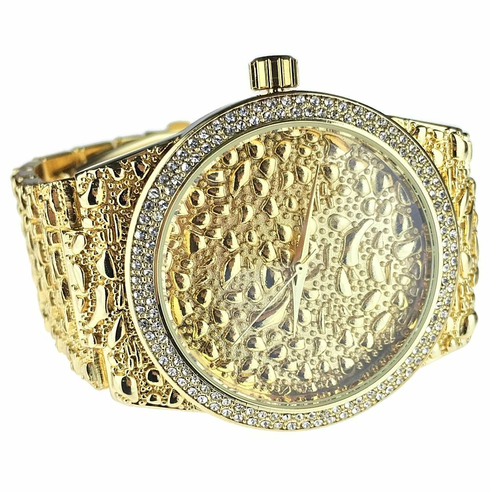 Mens Gold Plated Nugget Iced Watch Simulated CZ Nuggets Hip Hop Wristwatch 8″ in