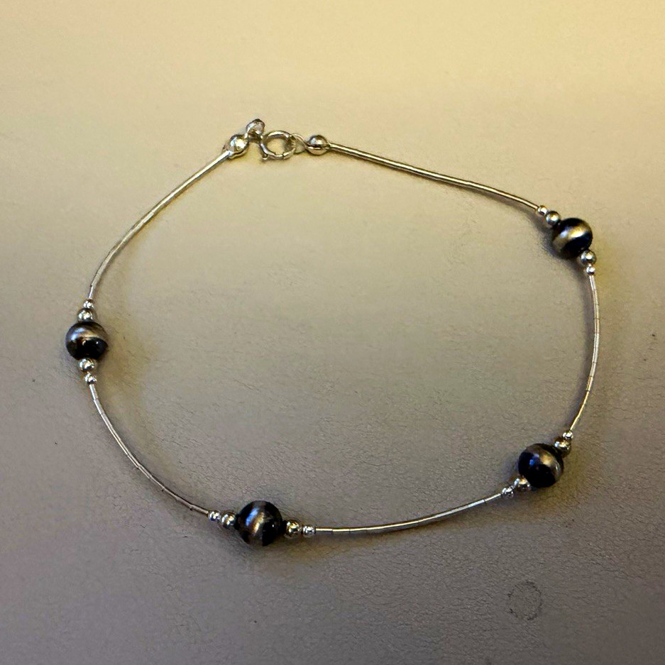 925 Sterling Silver pearls and liquid silver anklet