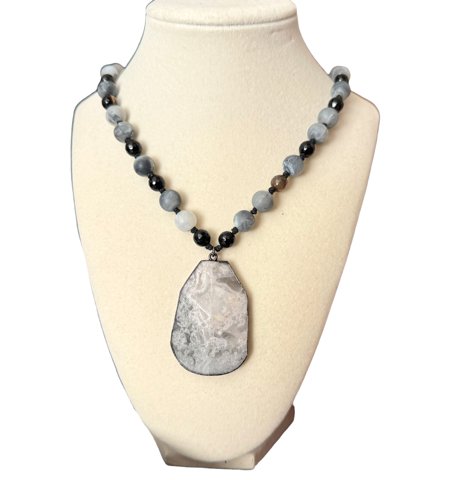 J Jill Beaded Necklace Agate Stone Pendant Gray White Black Cord Adjustable NWT