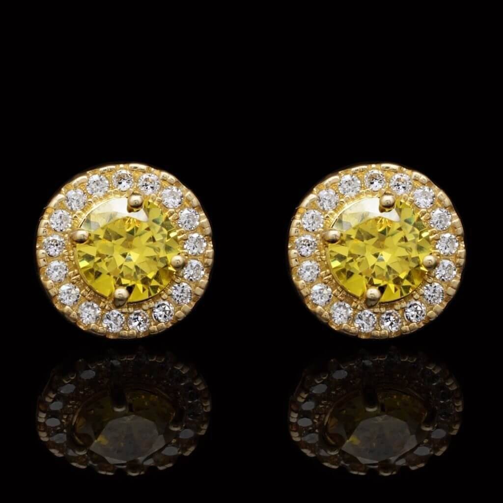 14K Yellow Gold 1Ct Round CZ Citrine Halo Stud Earrings
